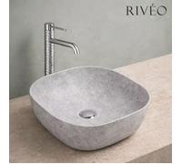 Vasque à poser carré arrondi 41 x 41 cm effet marbre gris en céramique mate avec bonde clic-clac chromée incluse - Rivéo