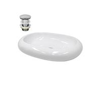 ECD Germany Vasque à Poser Lavabo Salle de Bain - Ø 350 x 120 mm - en Céramique - Rond - Blanc - avec Kit de Vidange sans Trop-Plein - Lave-Mains Évier Toilette Douche - Lavabo à Poser sur Meuble