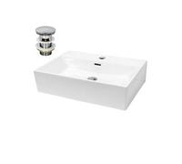 ECD Germany Vasque à Poser Lavabo Salle de Bain - Rectangulaire - 605 x 365 x 130 mm - en Céramique - Blanc - Kit de Vidange - Lave-Main Évier Suspendu Toilette - avec Trop-Plein et Trou de Robinet