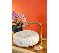 Vasque à Poser Ronde en marbre Ø 30 cm - Lavabo en Pierre Naturelle Beige Aspect Pierre Brute, Fait Main, bonde Standard 32 mm, pour Salle de Bain ou WC invités