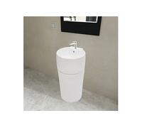vidaXL Lavabo sur pied rond – Trop-plein et robinet – Céramique blanc