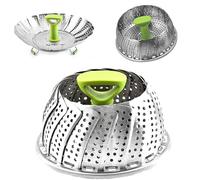 Vastsea Pliable Panier Vapeur, Panier à Vapeur Pliable en Acier, Panier-cuit Vapeur avec Poignée Rétractable en INOX, pour Cuire Légumes et Aliments(Vert)