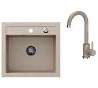 VBChome Évier encastrable en granit 46 x 49 cm - Évier simple rectangulaire pour cuisine, couleur beige ou noir, avec siphon et bouchon à sautarello, pour base de 45 cm