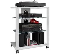 VCM Meubles Hifi Racks Armoire Phono mobile Etagère en verre à roulettes Phono Mediaregal Folas Blanc