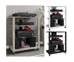 VCM Meubles Hifi Racks Armoire Phono mobile Etagère en verre à roulettes Phono Mediaregal Folas Noir