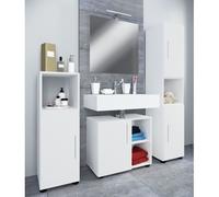 VCM Set de meubles de salle de bains 4 pièces complet Armoire de salle de bains Armoire basse Armoire haute Flandu Ill Blanc