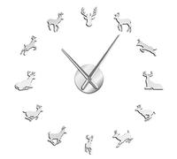 VCS tête de cerf Bricolage Horloge Murale géante Bois cerf Chasseur Moderne Bois de cerf Horloge Murale Acrylique Effet Miroir Animaux décorations pour la Maison(argenté、70CM)