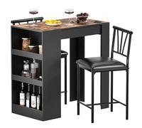 VECELO Ensemble Table de Bar Industriel avec 2 Chaises Rembourrées, Table avec 3 Étagères de Rangement pour Salle à Manger, Cuisine, Salon, Bistrot, Marron
