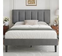VECELO Upholstered Double Bed 140 x 190 cm with Adjustable Headboard, Velvet Bed Frame, Solid Wooden Slatted Stand, Easy Assembly, Gris