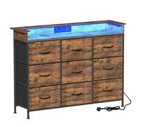 VEDECASA Commode avec 9 tiroirs en tissu et éclairage LED, 2 ports USB et 2 prises CA, buffet avec plateau en bois, cadre en métal, 9 tiroirs pour chambre à coucher, salon, marron