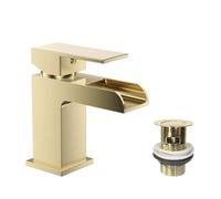 VeeBath Kinetic - Mitigeur de lavabo carré cascade - Finition moderne en laiton brossé, contrôle à levier unique, entrée BSP G1/2" avec bonde pop-up, robinets de salle de bain montés sur le pont
