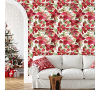 VEELIKE Papier Peint Feuillage Noël Rouge Papier Peint Fleur Rouge Poinsettia Papier Peint Floral Hiver Noël Papier Peint Fleuri Vintage Papier Adhesif Mural Chambre Salon Amovible 44,5cmx300cm