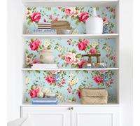 VEELIKE Papier Peint Fleuri Bleu Délicat Vintage Papier Peint Adhesif Mural Chambre Fille 44,5 cm x 300 cm Revetement Adhesif Meuble Cuisine Salle de Bain Rouleau Decoratif Salon Amovible