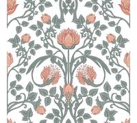 VEELIKE Papier Peint Fleuri Pêche Vintage Papier Peint Floral William Morris Papiers Peints Adhesif Mural 44,5 cm x 300 cm Papiers Peints Feuillage Blanche Autocollant Meuble Chambre Salle de Bain