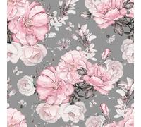 VEELIKE Papier Peint Fleuri Rose Vintage Papier Peint Floral Gris Papiers Peints Botanique Rose Papiers Peints Adhesif Fleur Papier Collant pour Meuble Chambre Fille Salle de Bain 44,5cm x 300cm
