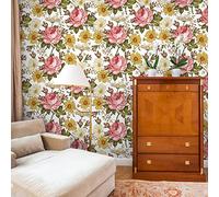 VEELIKE Papier Peint Fleuri Vintage Pivoine Camomille Papier Peint Adhesif Mural 44,5cm × 300cm Papier Peint Floral Collant pour Meuble Papiers Peints Chambre Botanique Salle de Bain Amovible
