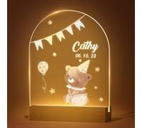 VEELU Veilleuse Bébé Personnalisé avec Prénom & Date, Cadeau Naissance Fille et Garçon, Cadeau Bapteme Fille/Garçon, Cadeau de Noël, Lampe Chevet bebe Personnalisé, Ours