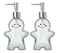 Veemoon Lot de 2 distributeurs de savon en verre de Noël, flacon pompe en | Flacon de 295 ml (10 oz), tête de pompe en plastique, réservoir transparent, motif festif imprimé, rechargeable, idéal