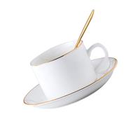 Veemoon Porcelaine Tasse à Café Soucoupe et Cuillère Blanche | Rim Doré Élégant, Capacité D’environ 220ml, pour Macchiato, Petit Déjeuner et Vitrines de Café