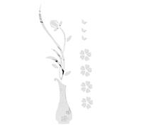 Veemoon Sticker Mural Miroir à Fleurs, Vase Fleur de Prunier en Acrylique, Autocollant Mural Autocollant, Décoration pour Salon et Chambre, 1 Set Argenté