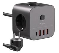 VEFVE Multiprise Cube 7 en 1 (Attention : Standard Allemand Schuko), Cube Multiprise avec USB C 20W PD Charge Rapide, 3 Prises (3680W) & 4 USB avec Interrupteur, Câble 3m, Noir