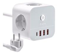 VEFVE Multiprise Cube 7 en 1 (Attention : Standard Allemand Schuko), Cube Multiprise avec USB C 20W PD Charge Rapide, 3 Prises (3680W) & 4 USB avec Interrupteur, Câble 3m, Blanc