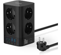 VEFVE Multiprise Tour 12 en 1 (4000W 16A), Bloc Prise Parafoudre avec USB C 30W GaN Charge Rapide, 8 Prises Françaises et 4 USB, Interrupteur, Câble 2m, Noir