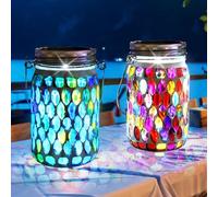 Vegena 2pcs Lanterne Solaire Exterieur, Lampes Solaires Pour Jardin, Lampe Solaire Exterieur Lanternes Solaires D'extérieur Ip65 Lanternes En Mosaïque De Verre Pour Jardin Terrasse Balcon(Bleu Rouge)