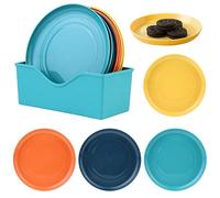 Vegena Lot de 12 assiettes en plastique réutilisables en 4 couleurs pour petit-déjeuner et dessert avec étagère de rangement (rondes)