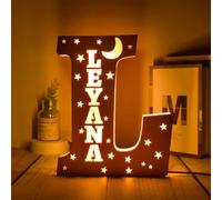 Veilleuse à DEL avec nom personnalisé - 26 lettres creuses avec étoiles - Lampe en bois pour famille, couple, chambre d'enfant (28 cm)