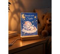 Veilleuse Bébé Personnalisée avec Prénom - Lampe LED Acrylique sur Socle Bois Naturel - Imprimée en France - Cadeau Naissance Original - 5 Designs (Lapin, Renard, Licorne, Ourson, Éléphant)