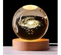 Veilleuse Boule de Cristal 3D Galaxie 8cm Lampe Planète LED USB avec Base en Bois Décoration pour Famille Ami