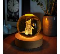 Veilleuse boule de cristal en verre gravé 3D 5,8 cm avec base en bois | Veilleuse en verre 3D gravée en forme de chat - 5,8 cm - Avec base en bois - Pour maison, bureau, étagère - Pour les amoureux