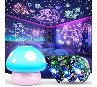 Veilleuse champignon pour enfant Etoiles + licornes + sirènes interchangeables,Rotation à 360°,minuteur,Bleu