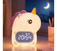 Veilleuse licorne avec réveil, cadeau licorne avec lampe rechargeable en silicone, lampe de table en forme d'animal mignon, peut réveiller le réveil avec 9 lumières de couleur RVB, 6 sons apaisants