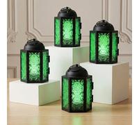 VELA LANTERNS Lot de 4 mini lanternes marocaines pour bougie chauffe-plat - 10,8 cm - Petite lanterne décorative à poser ou à suspendre - Métal avec panneaux de verre - Ramadan, mariage, décoration
