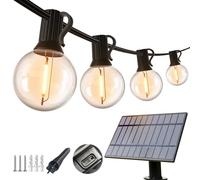Velamp Guirlande solaire extérieure CASSIOPEA 2, 15,2 m, 25 ampoules LED à filament G40 remplaçables, IP45, lumière chaude 2700 K, panneau solaire monocristallin. Pour jardin et terrasse.