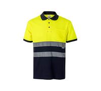 VELILLA 305513 Polo Haute visibilité en Coton, Bicolore et Manches Courtes, Couleur Bleu Marine et Jaune Fluo, Taille M