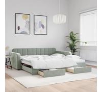 Velours doux 2 en 1 avec tiroirs Salon et chambre Gris 100x200 cm | Lit de jour avec gigogne et tiroirs sans matelas 100x200 cm canapé convertible gris clair velours rangement