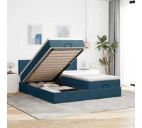 Velours doux avec ressorts ensachés Rangement pratique 200x200 cm Bleu | Cadre de lit ottoman bleu foncé 200x200 cm avec matelas à ressorts ensachés et surmatelas, velours de luxe, rangement