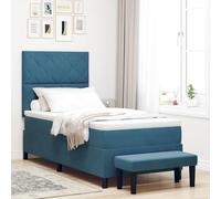 Velours Moderne tête de lit rembourrée Lit à Ressorts Bleu 90 x 200 cm | Lit à ressorts avec matelas Bleu foncé 90 x 200 cm Velours Tête de lit rembourrée Cadre en bois robuste Confort premium pour