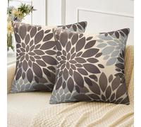 Velvhom Housses de Coussins Canapé 45x45 en Lin Marron et Gris Taie d'oreiller Carré Boho Abstrait Fleur de Dahlia Motif Automne Hiver Jardin Maison Salon Chambre Noël Déco, Lot de 2