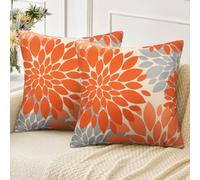 Velvhom Lot de 2 Housse Coussin 50x50 Automne Hiver Lin Taie Oreiller Canapé Dahlia Motif Cadeau Noël Halloween Décoration pour Chambre, Canapé, Chaise, Lit,Jardin，Orange et Gris