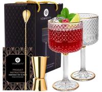 Vemacity Lot de 2 Verres à Gin Tonic de Luxe Pour Les Amateurs de Gin - Inc. 2 x Verre Gin Tonic/Cocktail en Relief Avec Détails Dorés | Cuillère en Or, Mesure à Double Esprit et Verseur à Esprit.