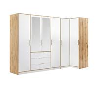 Vente-unique - Armoire d'angle 6 Portes et 3 tiroirs - avec miroirs - L302/311 cm - Blanc et Naturel - LAMIKI