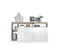 Vente-unique Buffet SEFRO - 4 Portes et 4 niches - Blanc laqué et chêne, Naturel Clair, Blanc