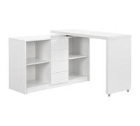 Vente-unique - Bureau Extensible PAVELO avec Plateau pivotant 360° - MDF Blanc laqué Brillant, Meuble modulable avec rangements intégrés, idéal pour optimiser l’Espace dans Bureau, Salon ou Studio
