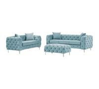 Canapé 3 places, 2 places et pouf chesterfield en velours bleu pastel EDWINA