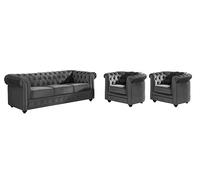 Vente-unique - Canapé 3 Places et 2 fauteuils Chesterfield - Velours Anthracite