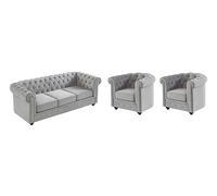Vente-unique - Canapé 3 Places et 2 fauteuils Chesterfield - Velours Gris Clair